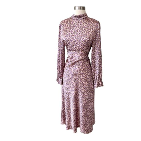 Zara Size M Floral Print Silky Satin Midi Dress Purple With Ruching Long Sleeve - Picture 3 of 12